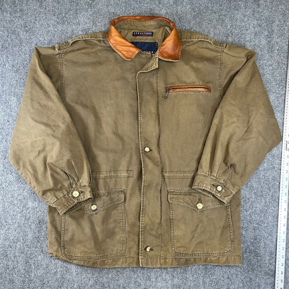 Vintage Structure Mens XL Brown Canvas Field Barn Jacket Leather Trim Collar